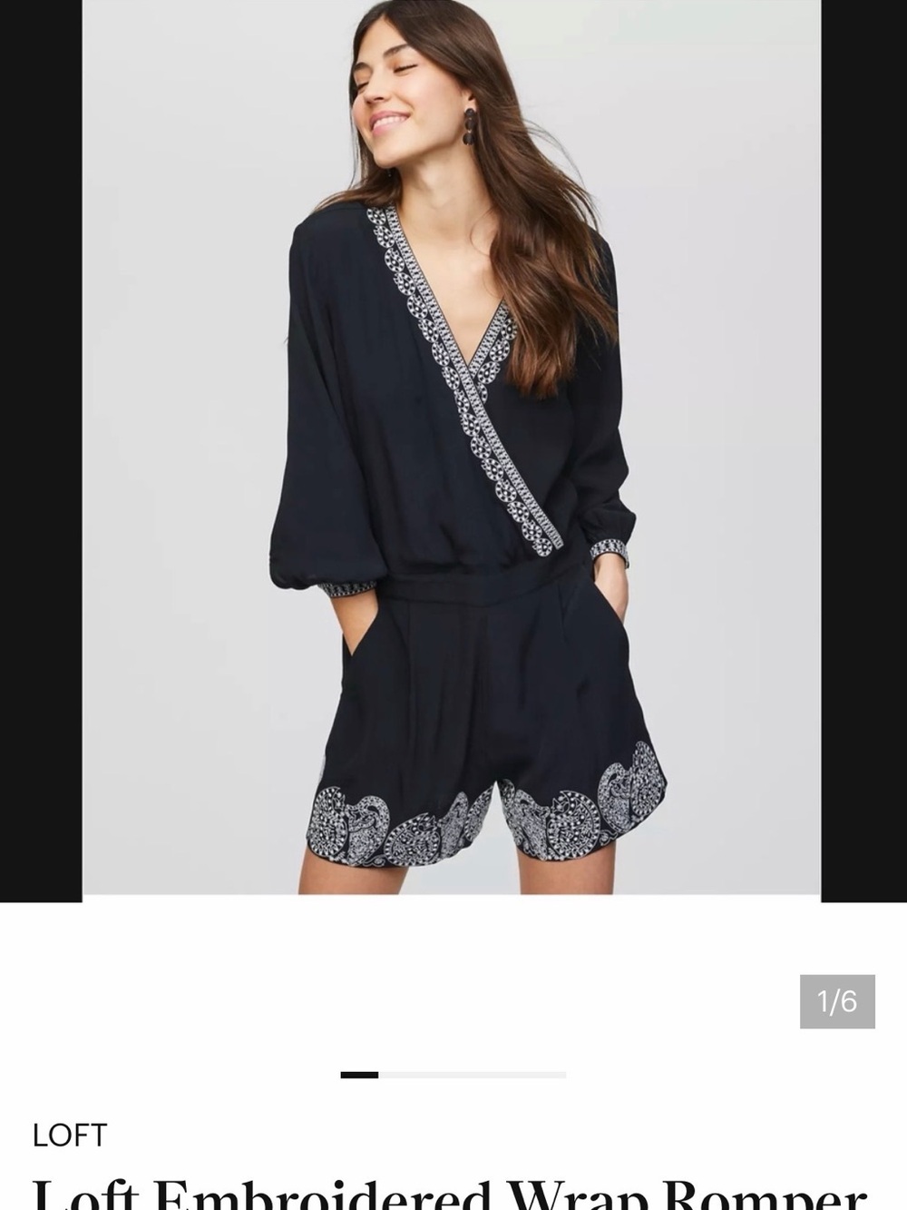 LOFT Black Romper with White Embroidery